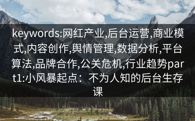 keywords:网红产业,后台运营,商业模式,内容创作,舆情管理,数据分析,平台算法,品牌合作,公关危机,行业趋势part1:小风暴起点:不为人知的后台生存课 keywords:网红产业,后台运营,商业模式,内容创作,舆情管理,数据分析,平台算法,品牌合作,公关危机,行业趋势part1:小风暴起点:不为人知的后台生存课